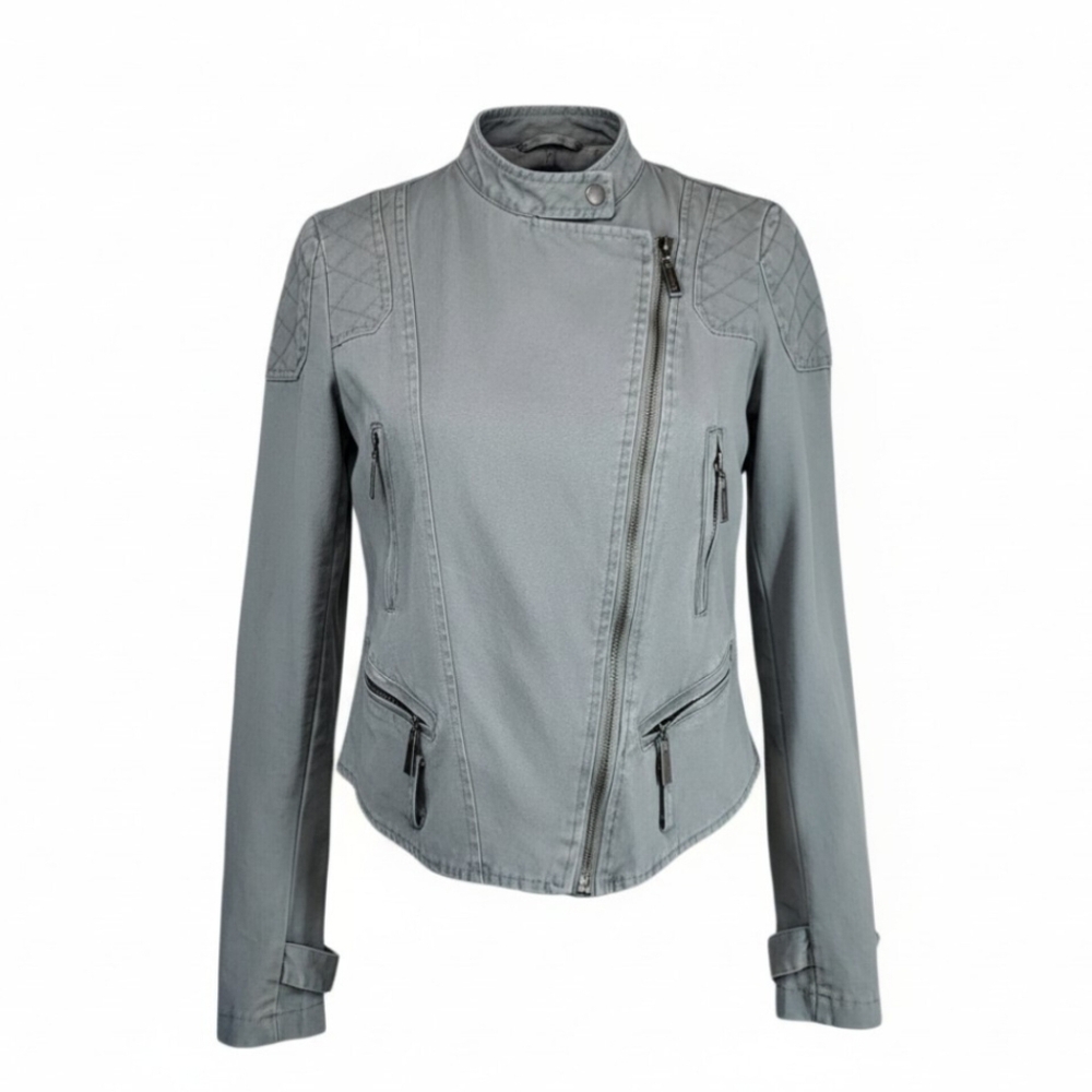 JouJou Olive Green Moto Jacket Women's Quilted Shoulders Military Full Zip Sz M
